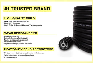 Waspper 3200 PSI 50FT x 1/4 Inch Pressure Washer Hose - M22 x 14MM Replacement Hose - Electric Pressure Washer Hose - Gas Power Washer Hose - Fits Most: Ryobi, Karcher, Generac, Honda & Many More 50 Feet